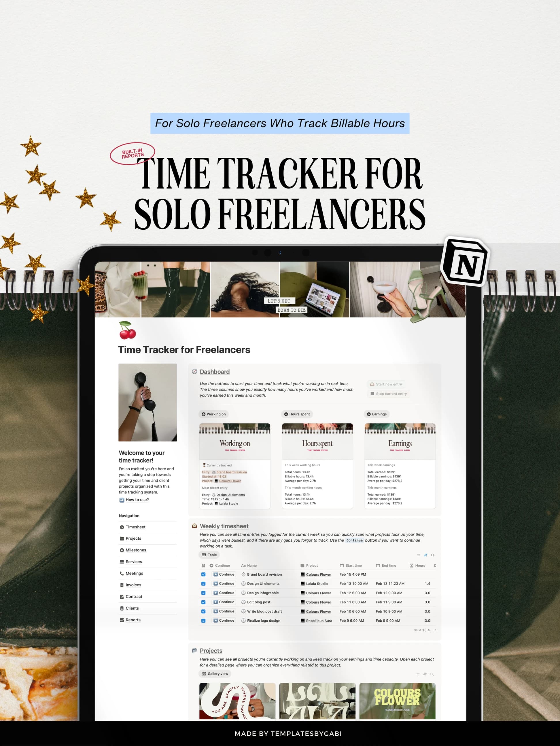 The Time Tracker for Solo Freelancers open on a tablet, its dashboard showing what is being tracked, hours spent and earnings