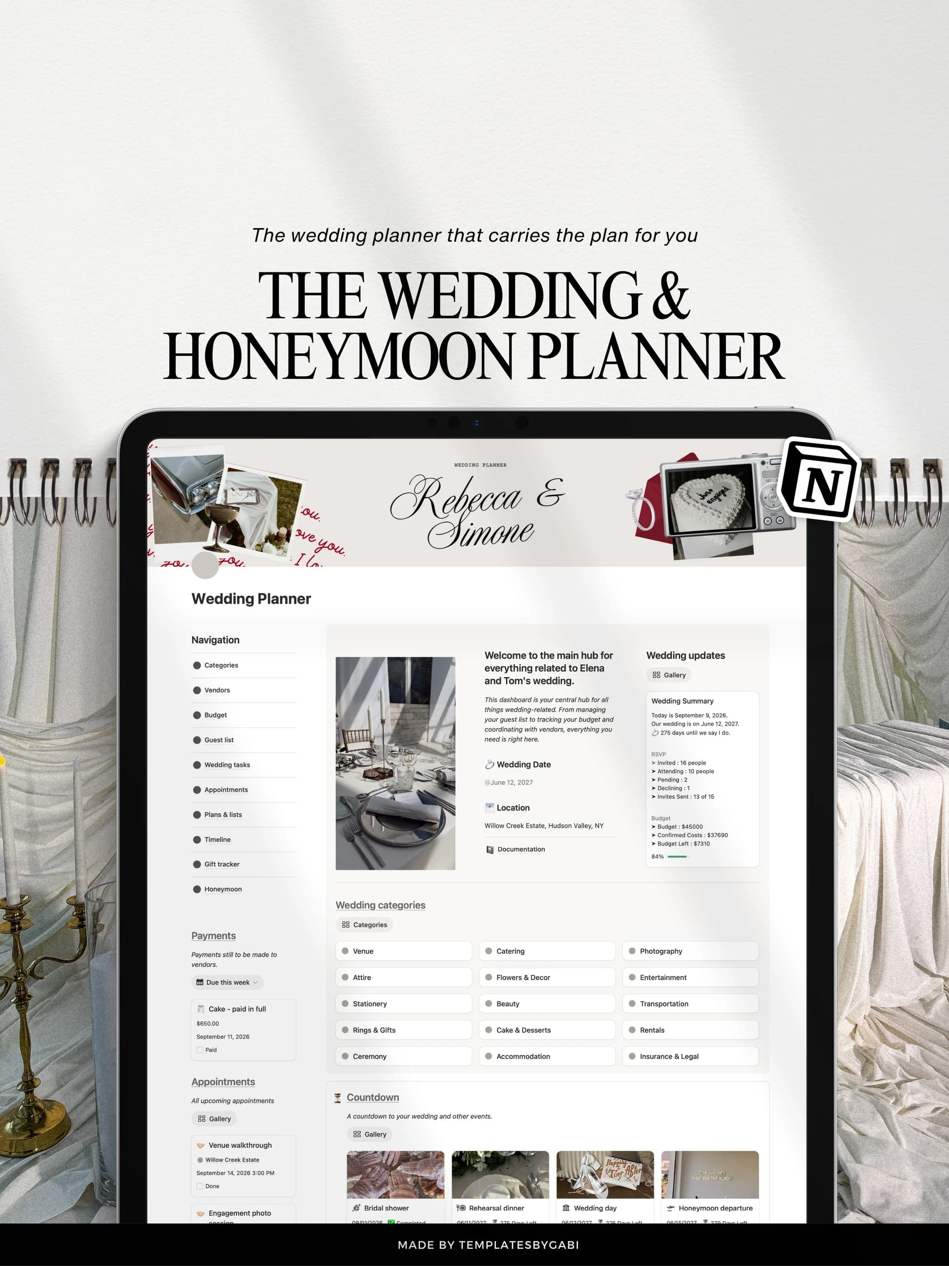 The Wedding & Honeymoon Planner open on a tablet, its dashboard showing the wedding date, the category tiles and the countdown