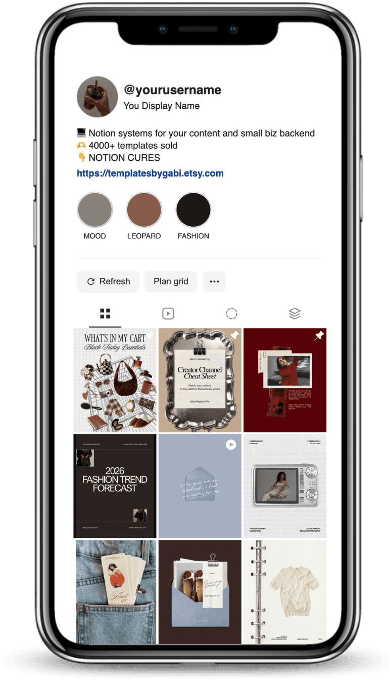 The Instagram grid preview widget showing a planned feed on a phone